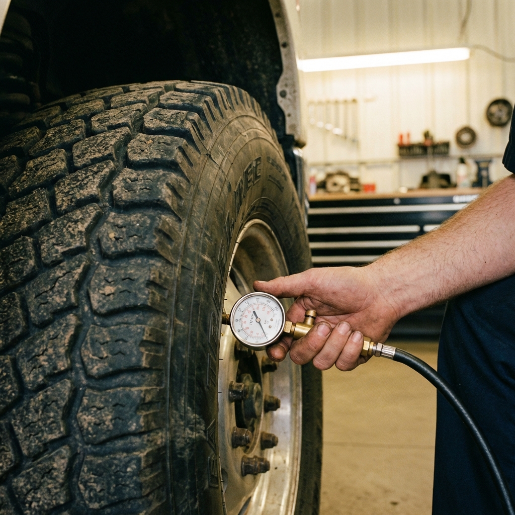 Mechanic checking truck tire pressure