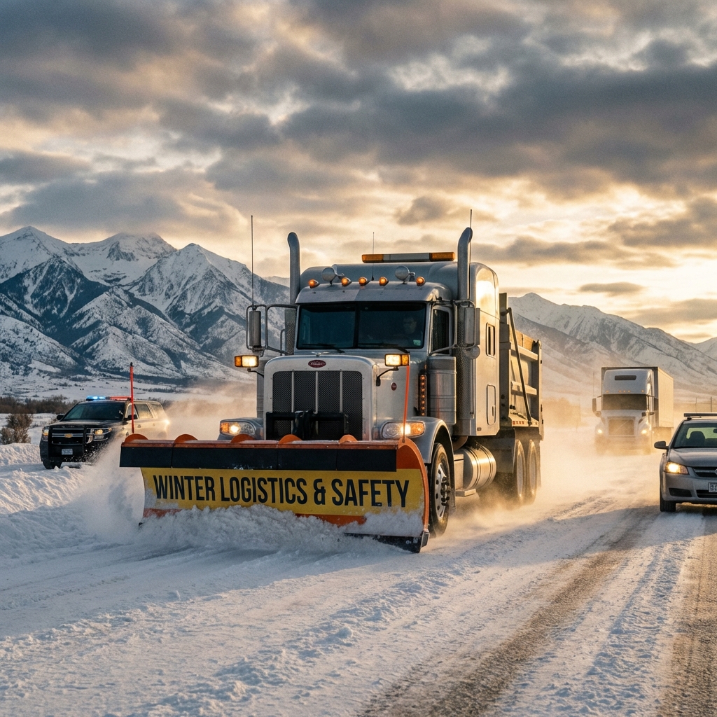 Commercial truck driving in winter conditions